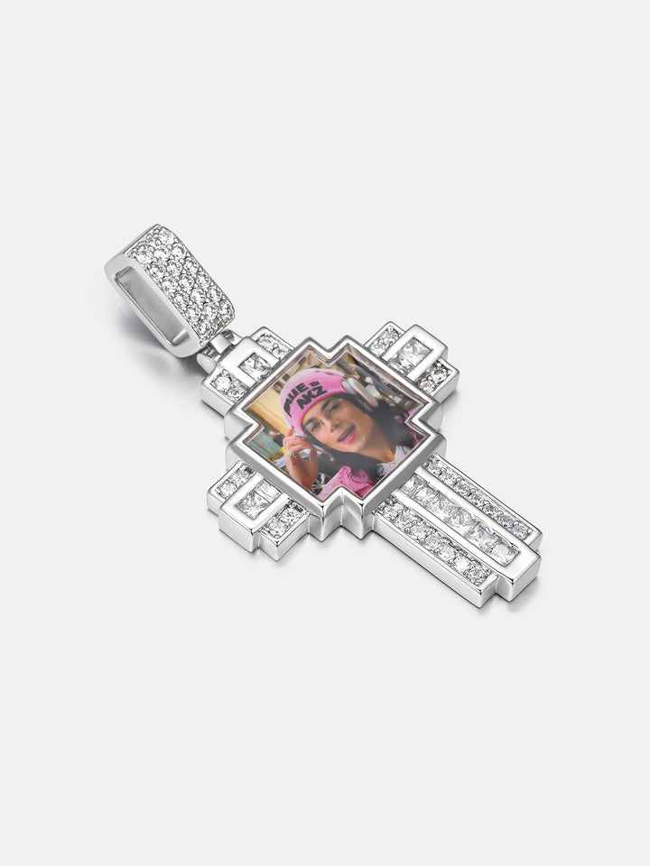 Square Photo Moissanite Cross Pendant