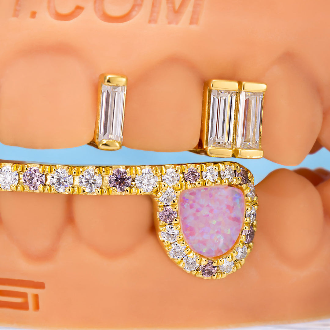 Top Baguette Bar W Pink Opal Fang Grillz