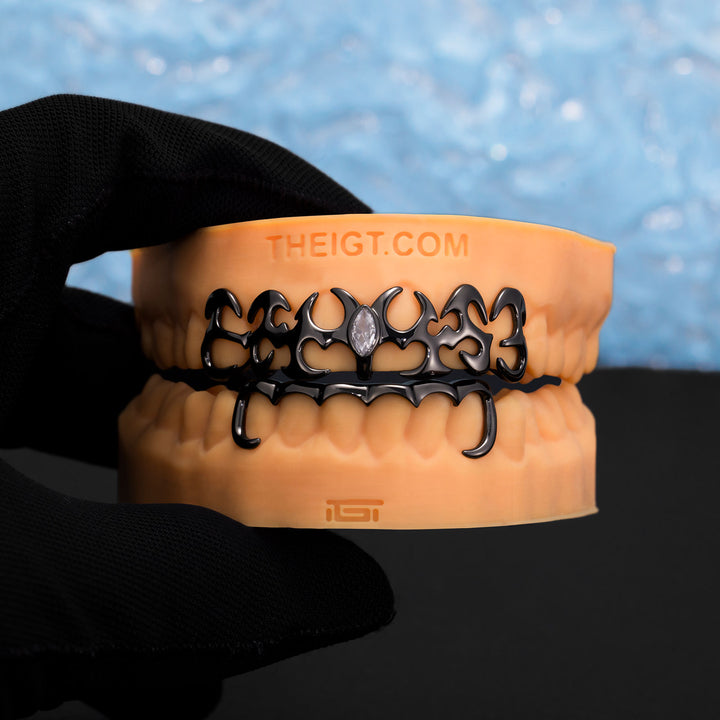 Top Tribal Style W Bottom Bar Grillz