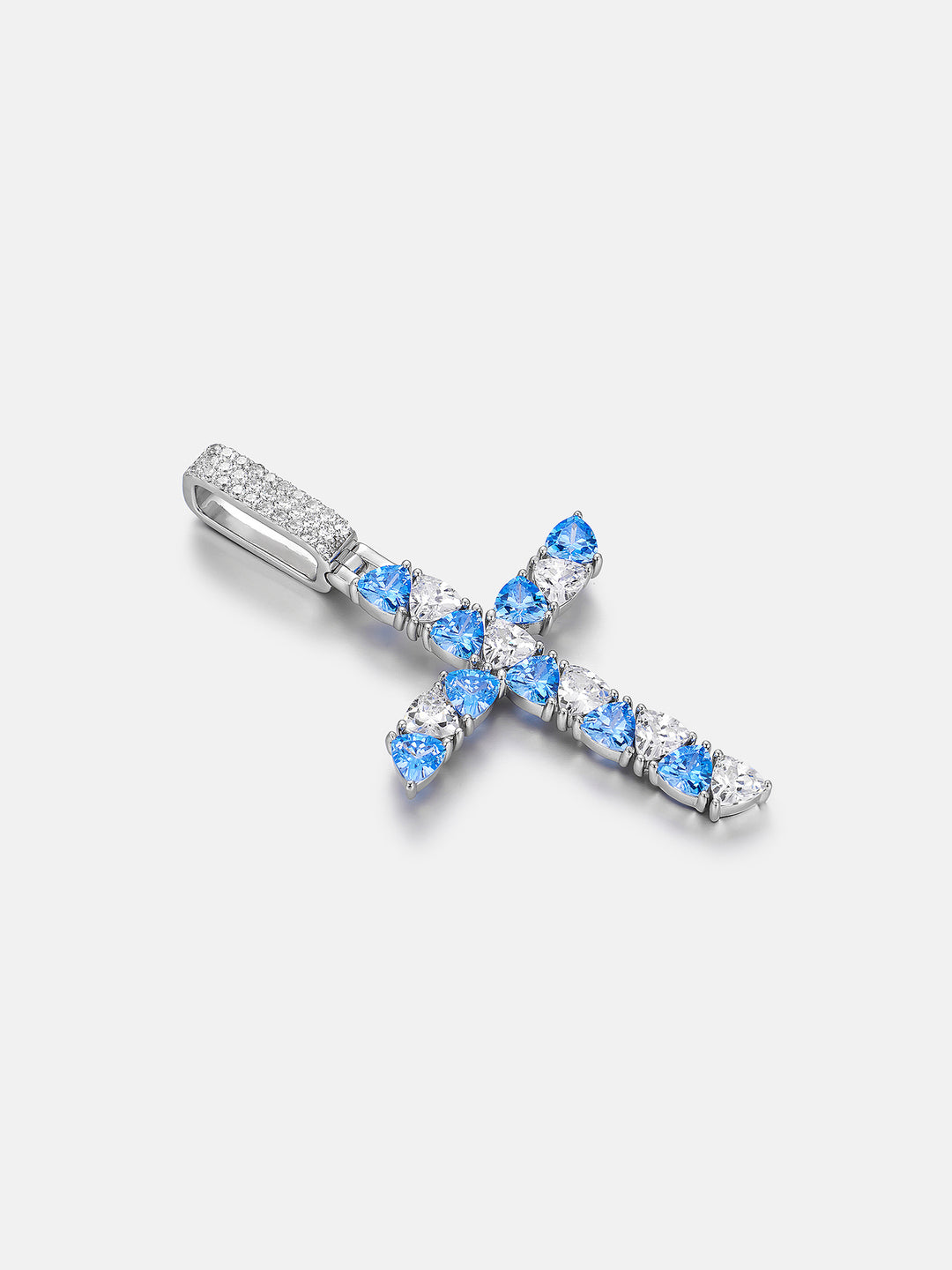 Trillion Cut Moissanite & Blue Gem Cross Pendant