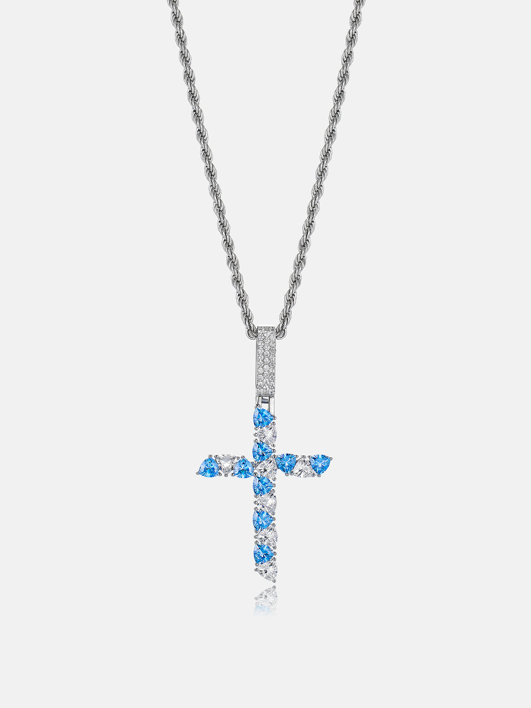 Trillion Cut Moissanite & Blue Gem Cross Pendant