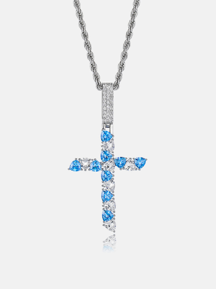 Trillion Cut Moissanite & Blue Gem Cross Pendant