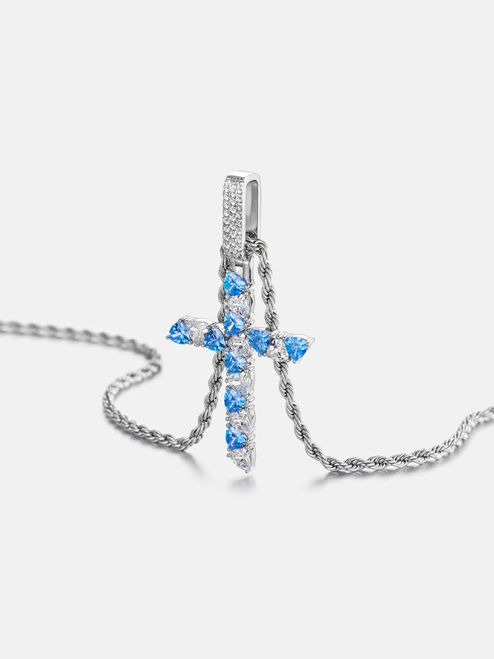 Trillion Cut Moissanite & Blue Gem Cross Pendant