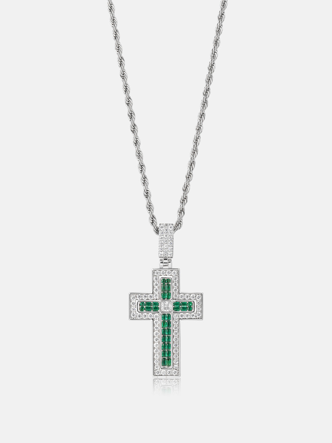 Triple-Layer Baguette Emerald & Moissanite Cross Pendant
