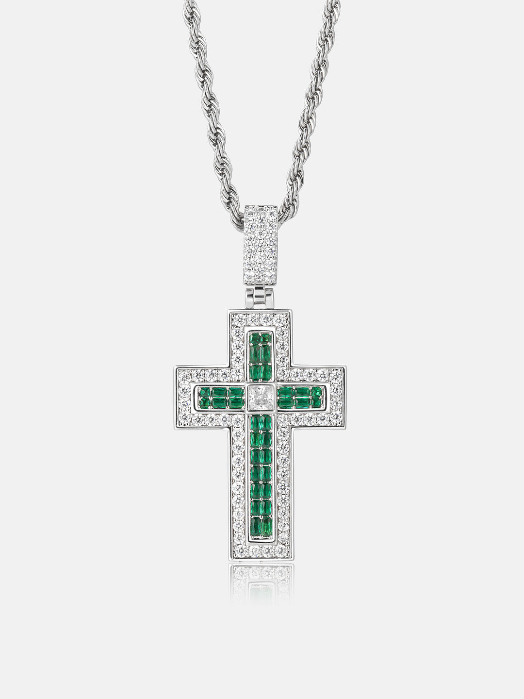 Triple-Layer Baguette Emerald & Moissanite Cross Pendant