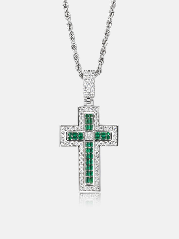Triple-Layer Baguette Emerald & Moissanite Cross Pendant