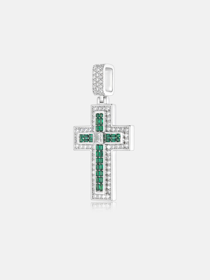 Triple-Layer Baguette Emerald & Moissanite Cross Pendant