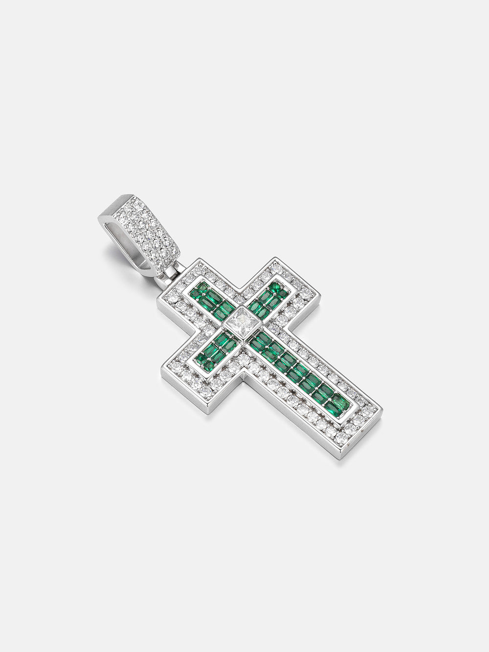 Triple-Layer Baguette Emerald & Moissanite Cross Pendant