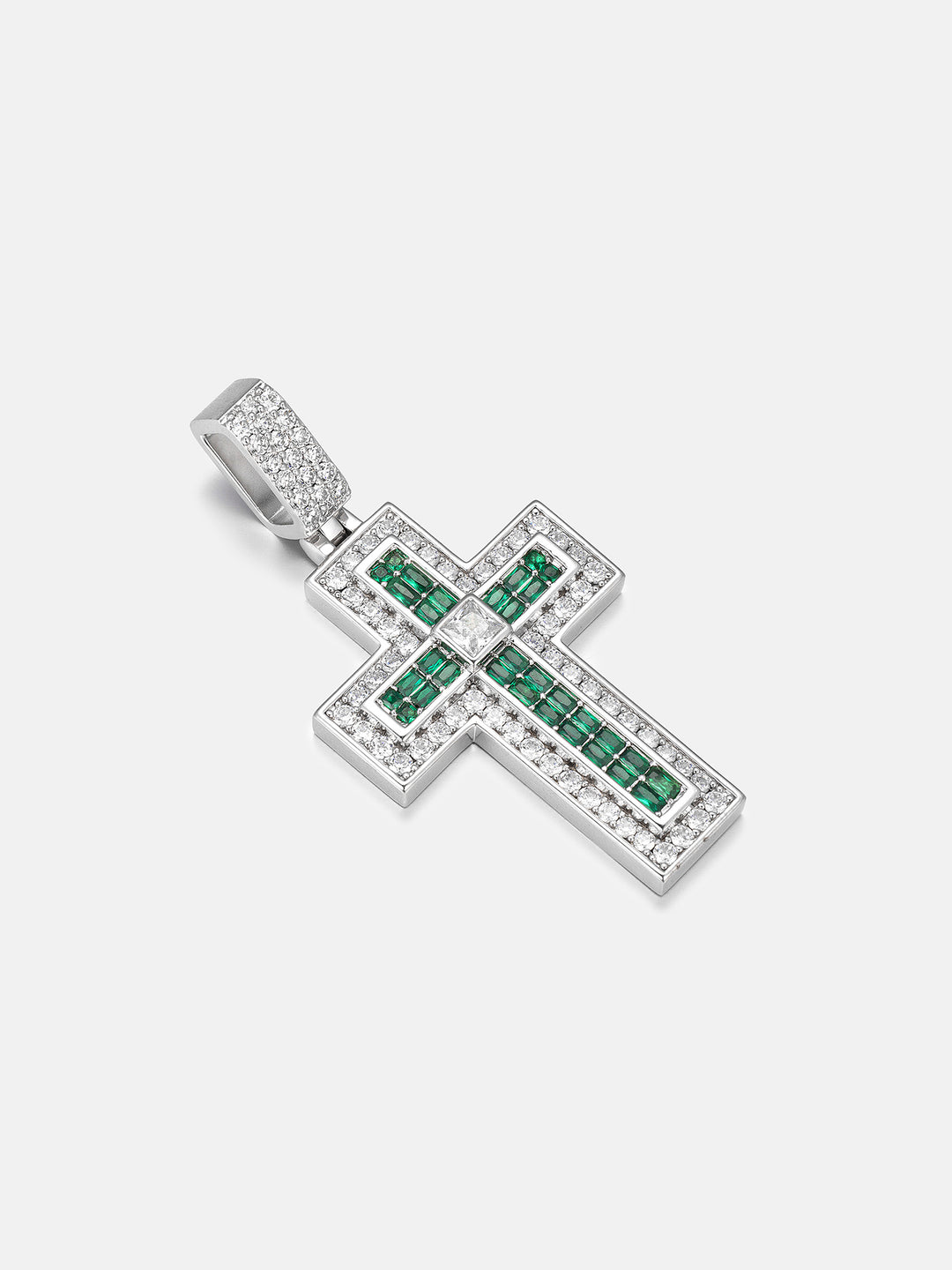 Triple-Layer Baguette Emerald & Moissanite Cross Pendant