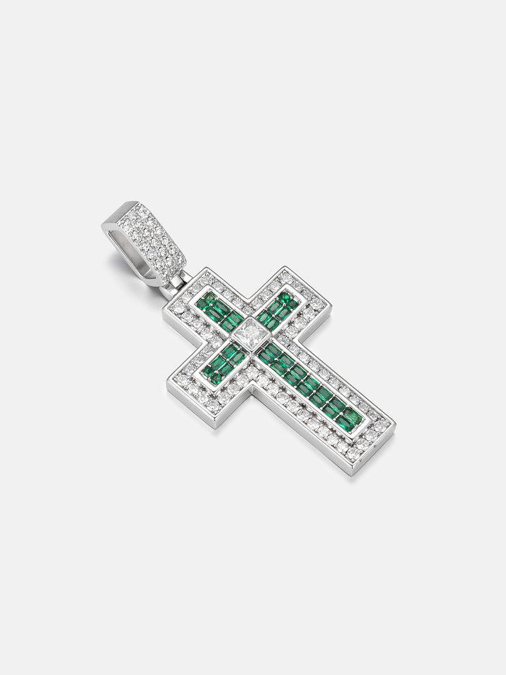 Triple-Layer Baguette Emerald & Moissanite Cross Pendant