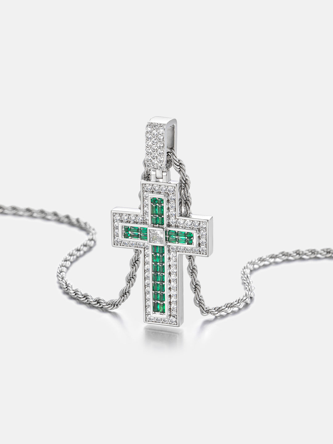 Triple-Layer Baguette Emerald & Moissanite Cross Pendant