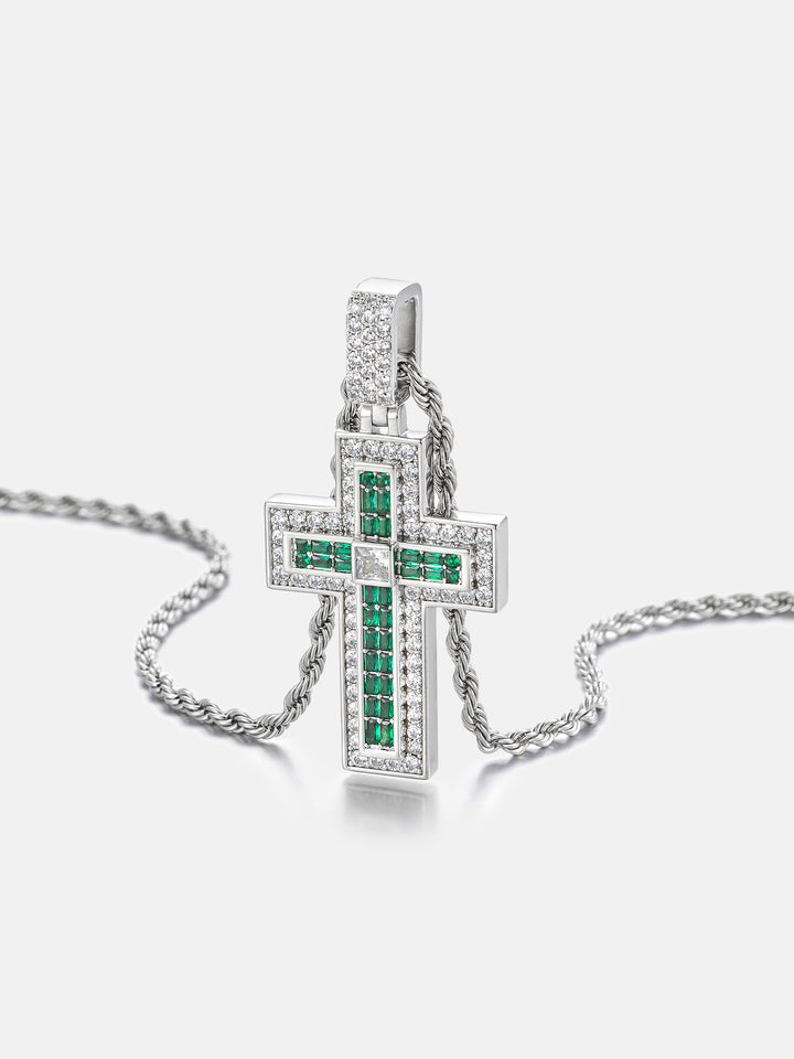 Triple-Layer Baguette Emerald & Moissanite Cross Pendant