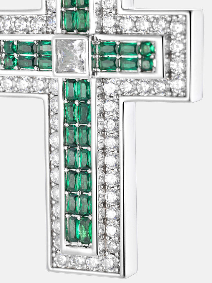 Triple-Layer Baguette Emerald & Moissanite Cross Pendant