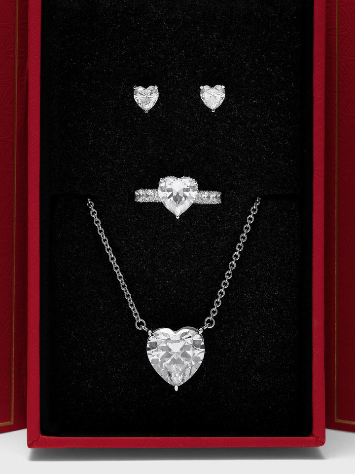 White Heart Moissanite Jewelry Trio & Red Ribbon Box (4-Piece Set)