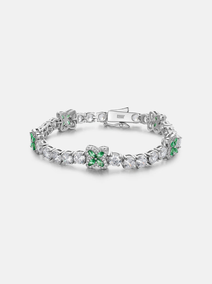 White Moissanite Green Marquise Gem Clover Tennis Bracelet