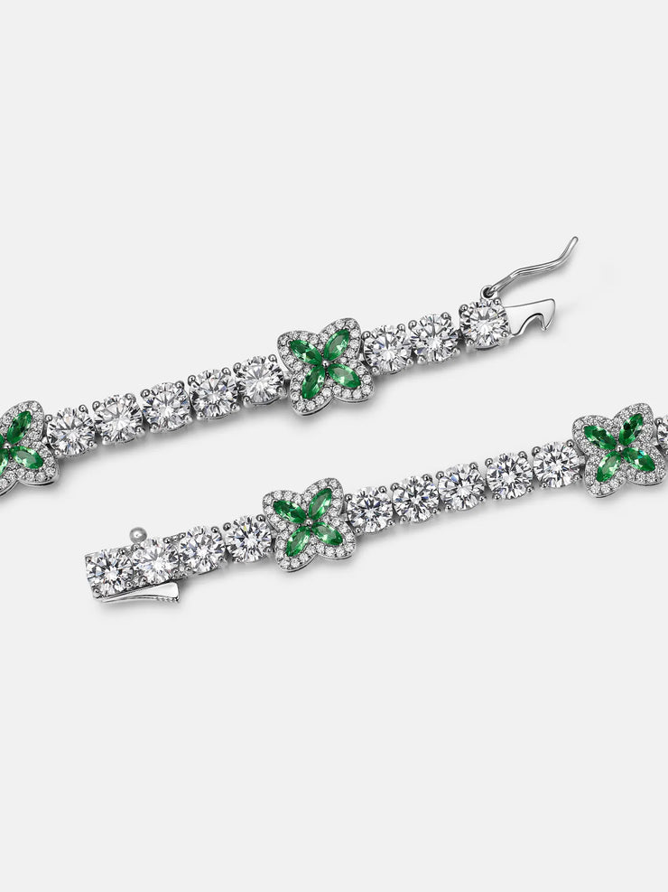 White Moissanite Green Marquise Gem Clover Tennis Bracelet