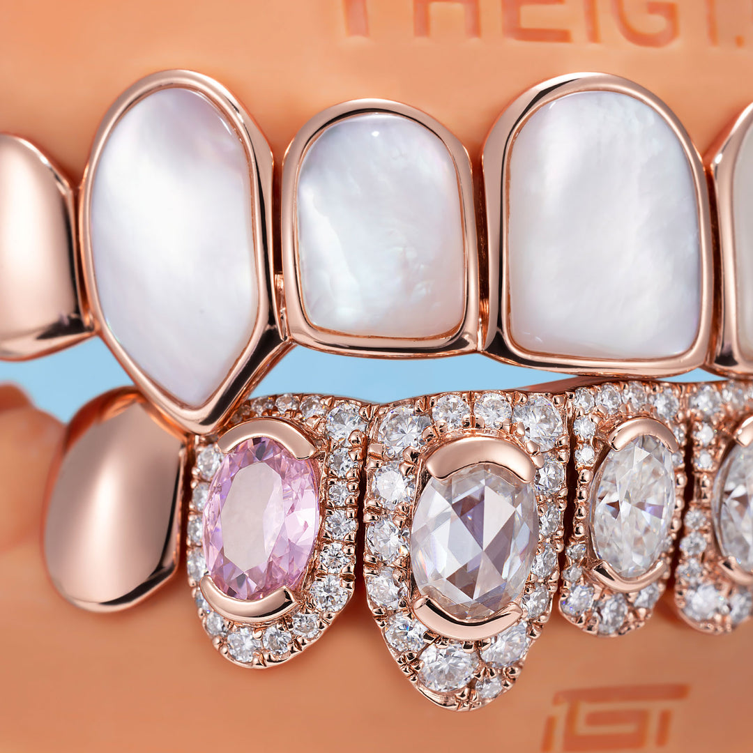 White Shell & Oval Cut Diamond Grillz