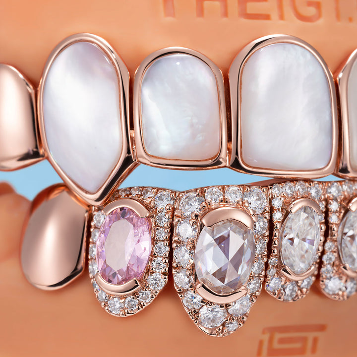 White Shell & Oval Cut Diamond Grillz