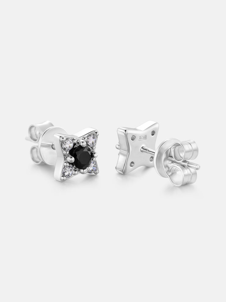 White & Black Moissanite Four Pointed Star Stud Earrings