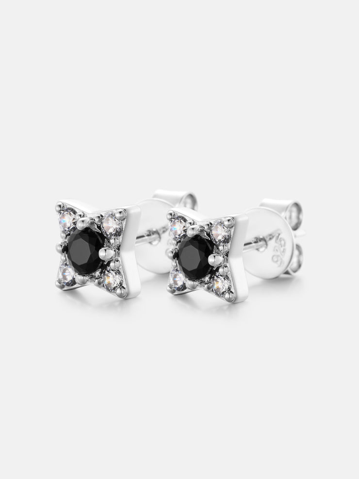 White & Black Moissanite Four Pointed Star Stud Earrings