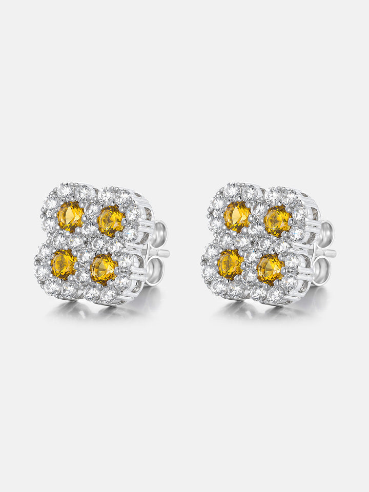 Yellow Gem Clover Moissanite Halo Stud Earrings