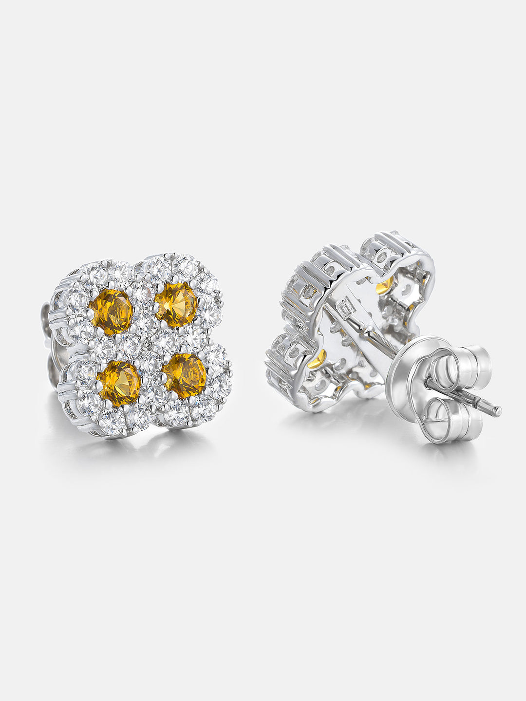 Yellow Gem Clover Moissanite Halo Stud Earrings