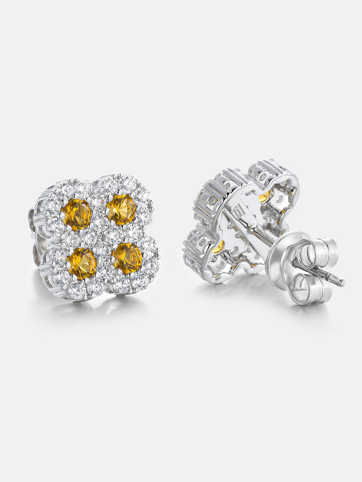 Yellow Gem Clover Moissanite Halo Stud Earrings