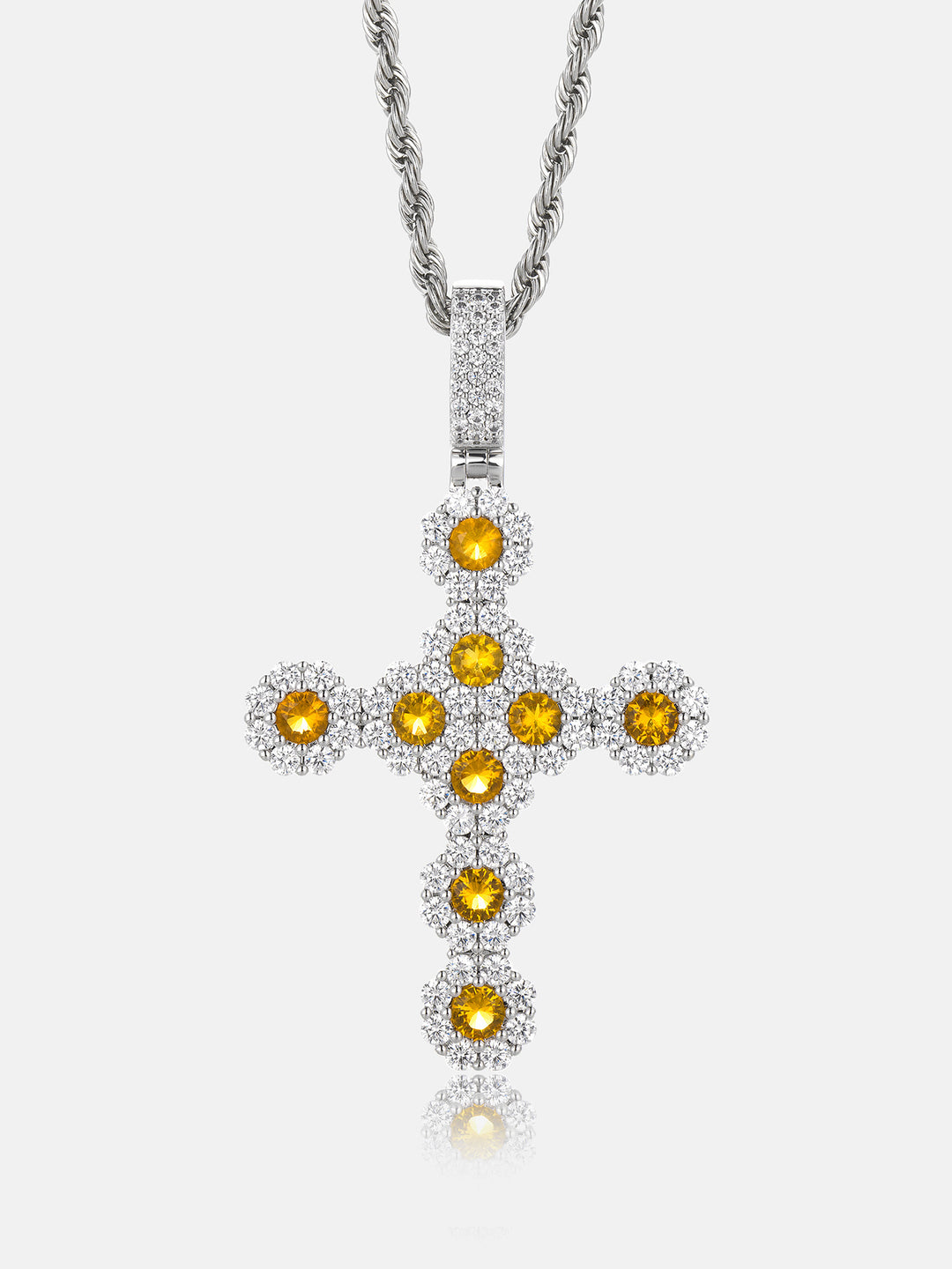 Yellow Gem Floral Cluster Moissanite Cross Pendant