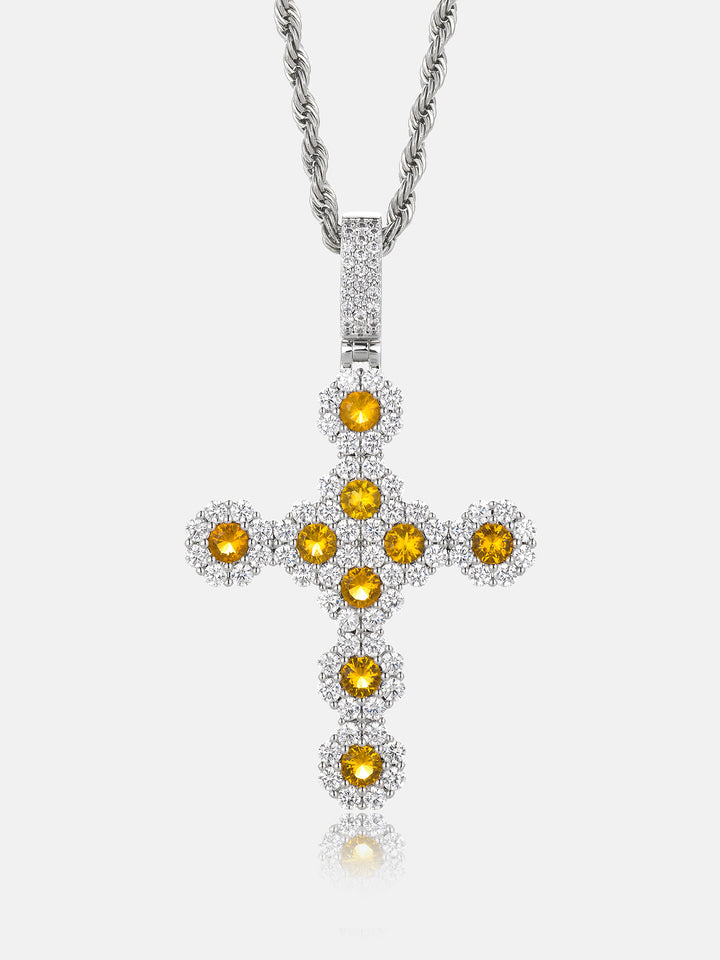 Yellow Gem Floral Cluster Moissanite Cross Pendant