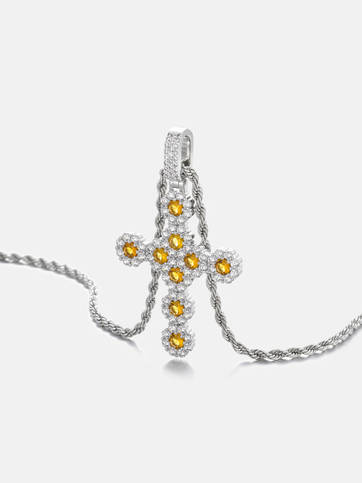 Yellow Gem Floral Cluster Moissanite Cross Pendant