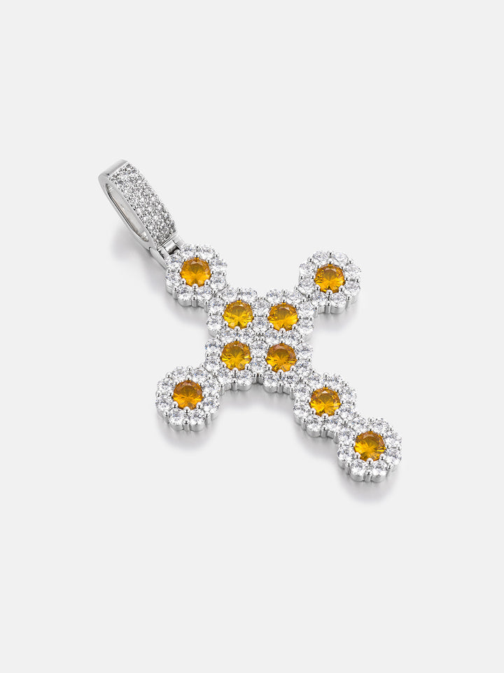 Yellow Gem Floral Cluster Moissanite Cross Pendant