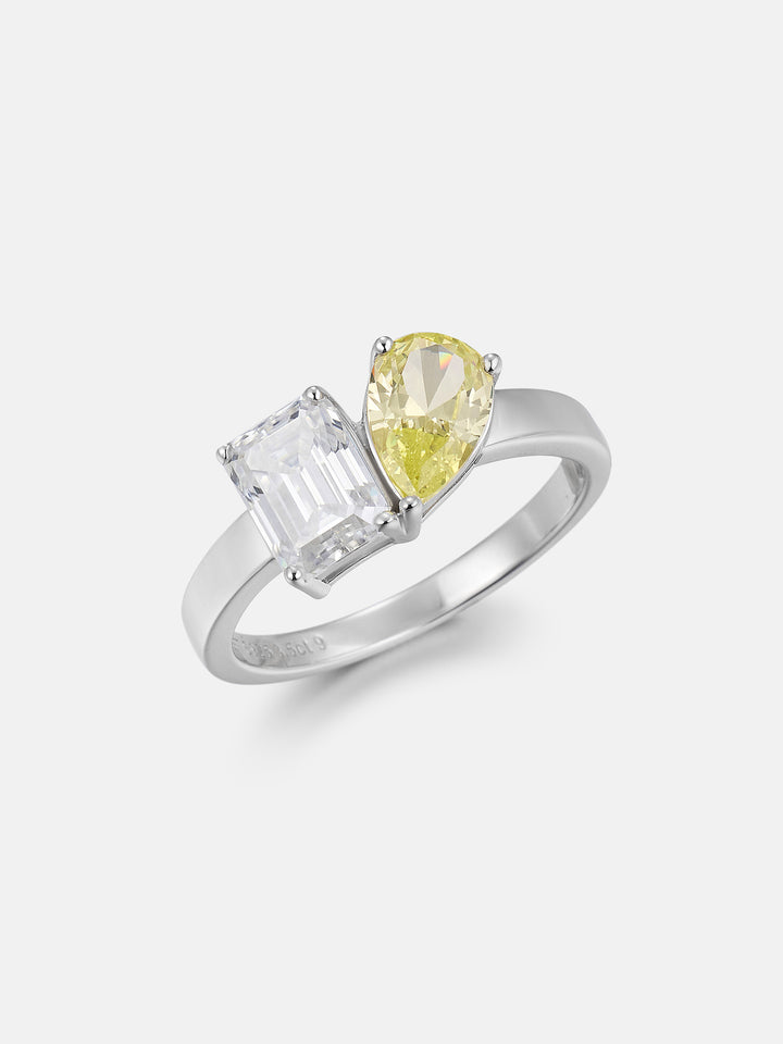 Yellow Pear & Emerald Moissanite Toi et Moi Ring