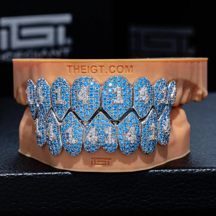 Pave Setting Number Diamond Grillz Blue Topaz