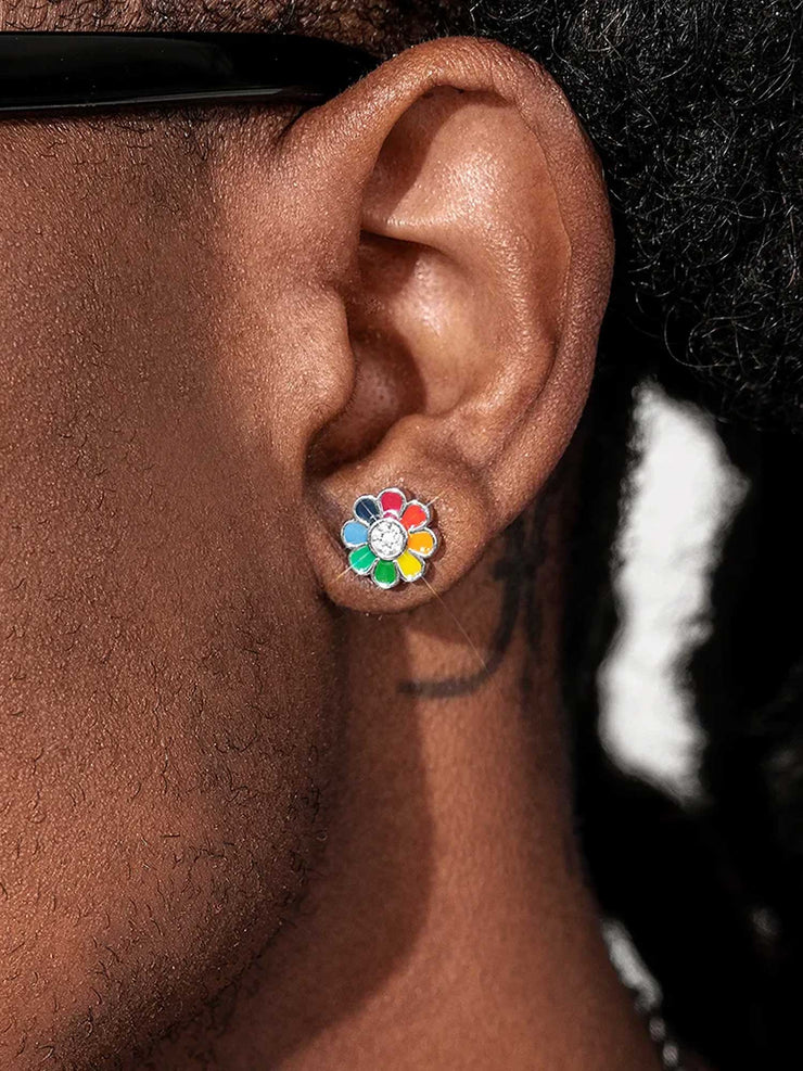 Mossanite Enamel Rainbow Hippie Flower Stud Earrings