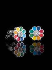 Mossanite Enamel Rainbow Hippie Flower Stud Earrings