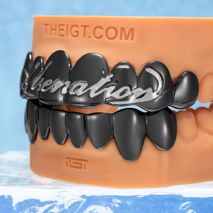 Pink Script Black Gold Grillz
