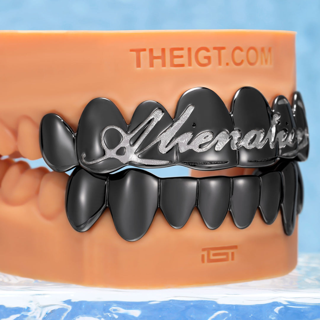 Pink Script Black Gold Grillz