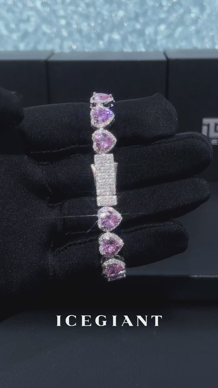 10mm Pink Gemstone & White Moissanite Heart Bracelet