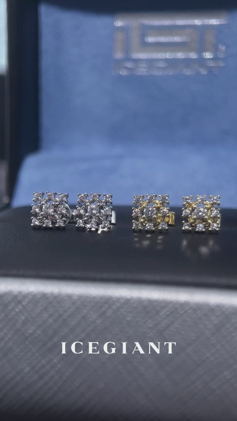 Lab Diamond Square Halo Bead Cluster Stud Earrings
