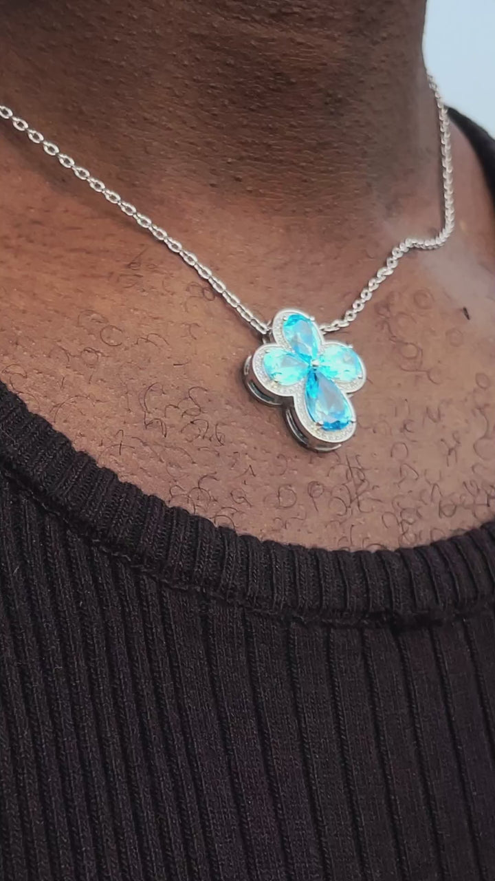 Blue Gemstone Moissanite Four Leaf Clover Adjustable Necklace