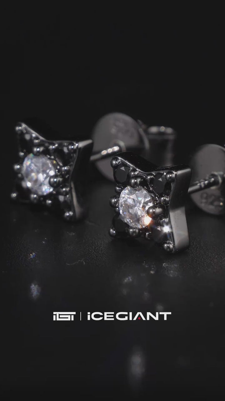 Black Gold Moissanite Four Pointed Star Stud Earrings