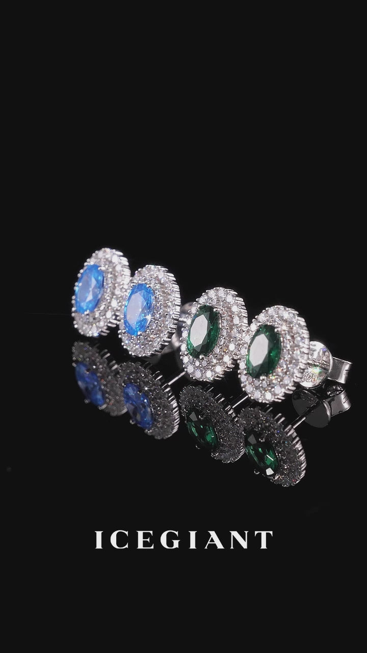 Oval Cut Halo Colored Gem & Moissanite Stud Earrings