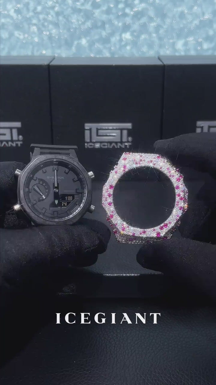 Mosaic Pink Gem & White Moissanite Bezel For GA-2100 Watch
