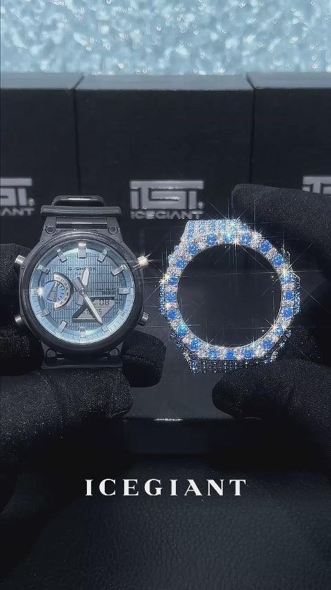 GM GBM 2100 Large Blue Gem Moissanite Iced Bezel