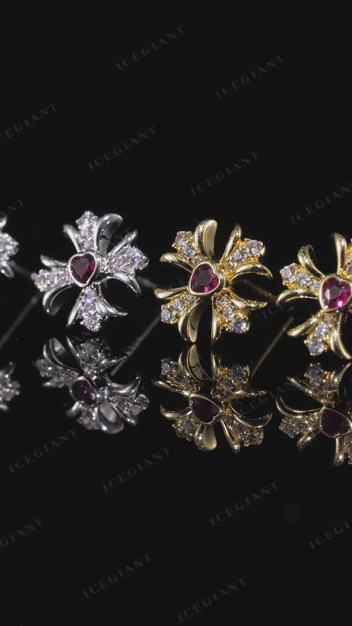 Pink Heart Gem & Moissanite Cross Stud Earrings