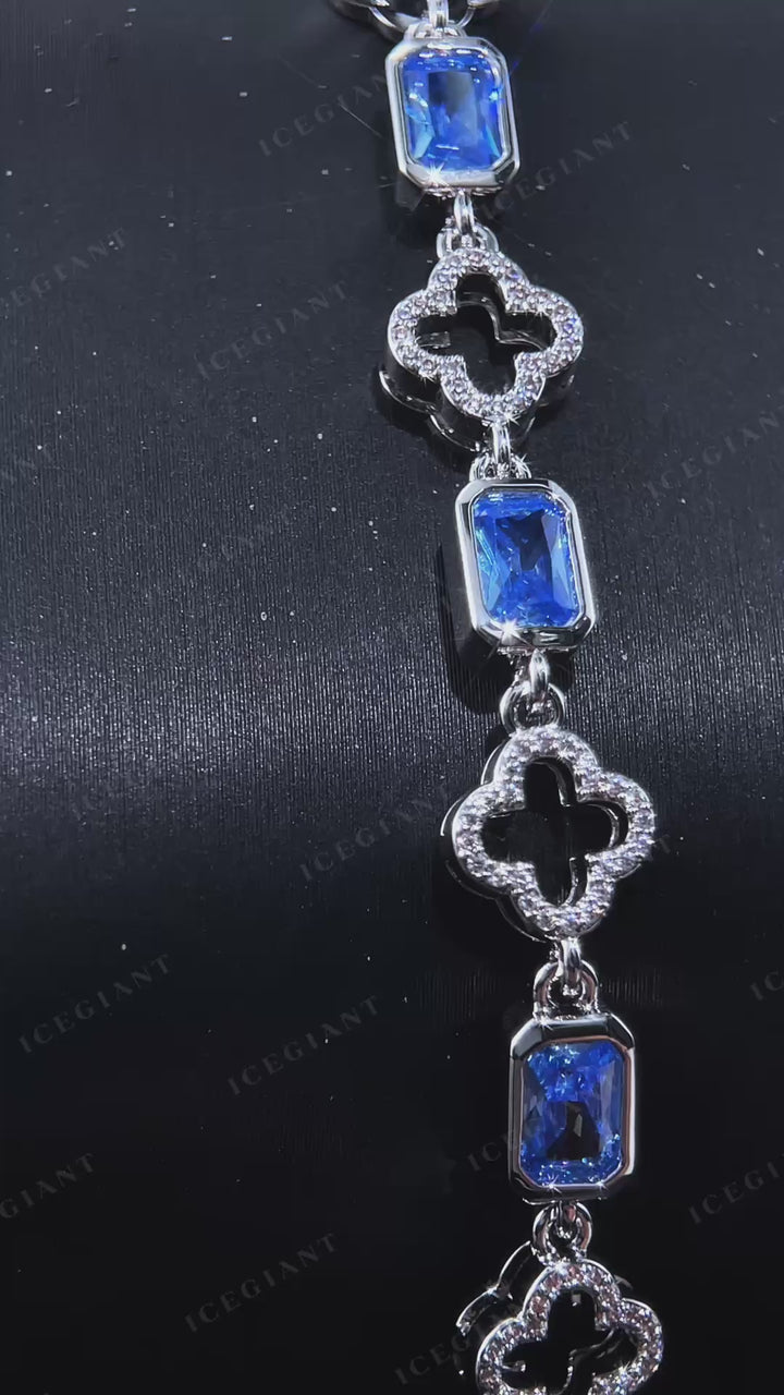 Blue Radiant Gem & White Moissanite Four Leaf Clover Bracelet