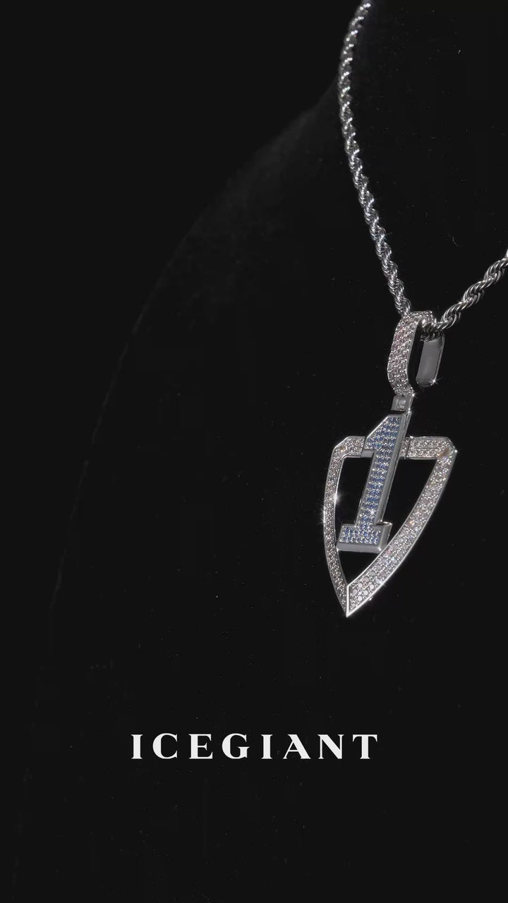 Custom Number Blue Gem Shield Moissanite Pendant