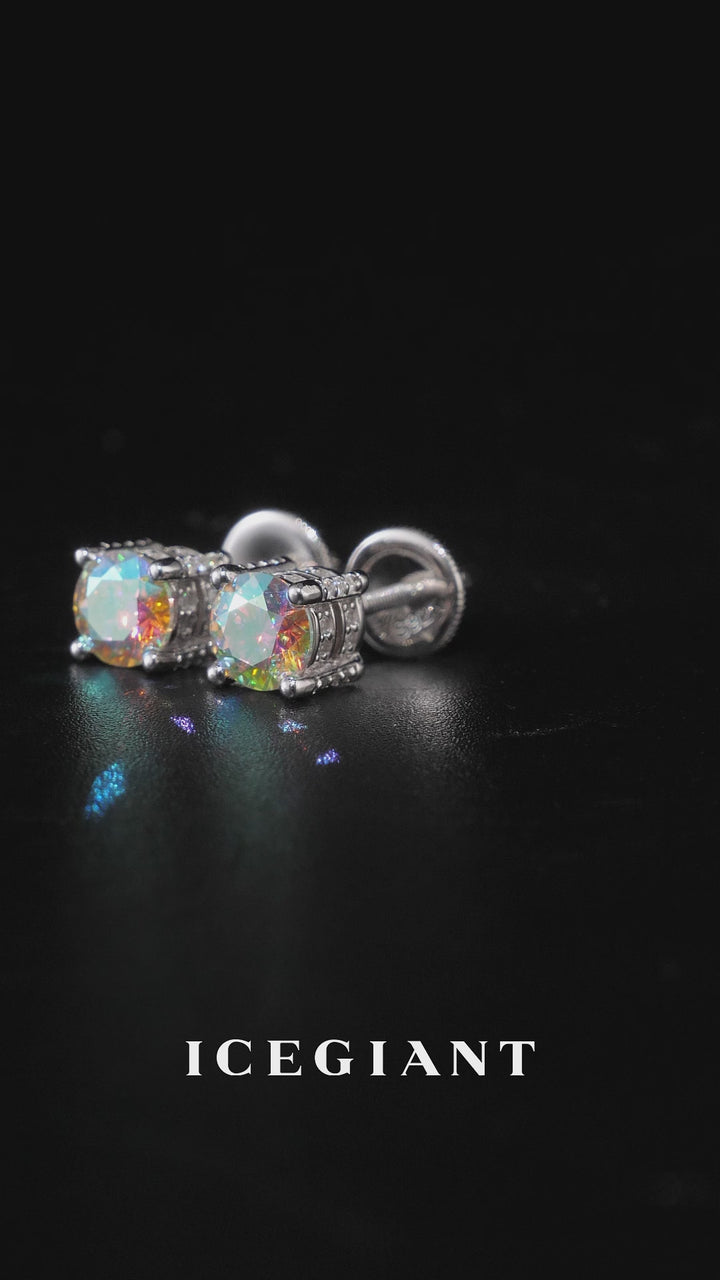 Halo Round Rainbow Moissanite Stud Earrings