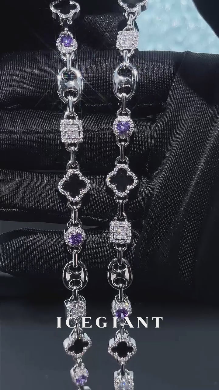 Black Agate & Purple Gem Moissanite G-Link Clover Chain