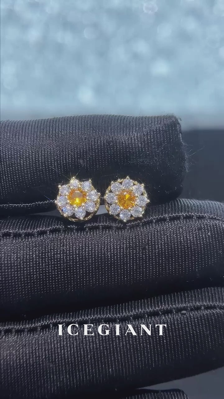 Centre Yellow Moissanite Floral Halo Stud Earrings